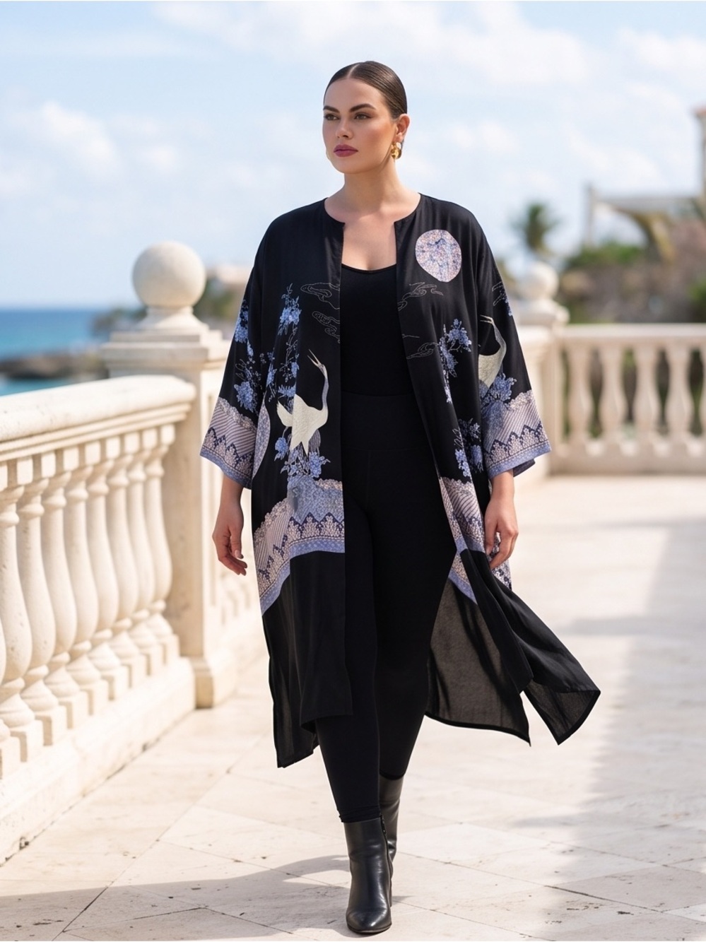 Citron 100% Silk Black Crane Floral Kimono Jacket Duster *has a few Small Snags